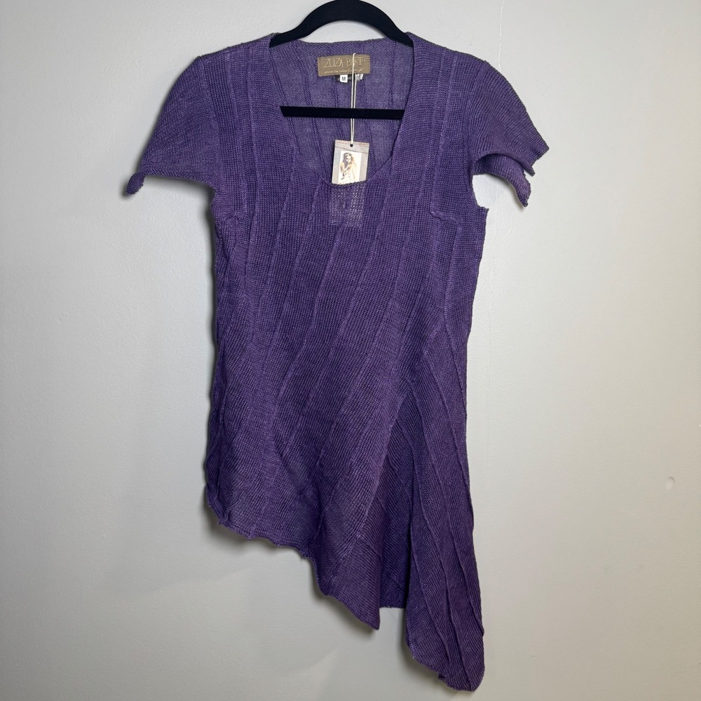 Zuza Bart Purple 100% Linen Asymmetrical Knit Tunic Top Short Sleeve Poland Med